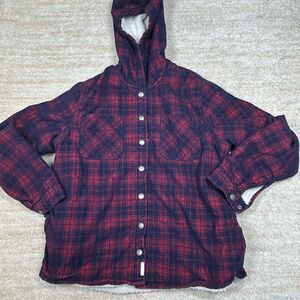 Soho Threads Jacket Womens L Hooded Sherpa Lined Plaid Snap Front Red Navy